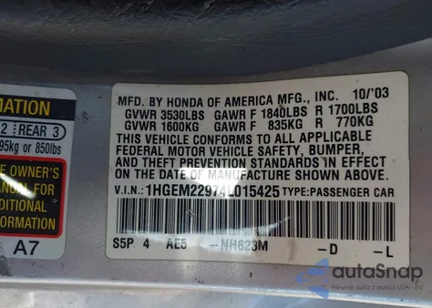 2004 Honda Civic Ex z USA, uszkodzony, nr VIN 1HGEM22974L015425